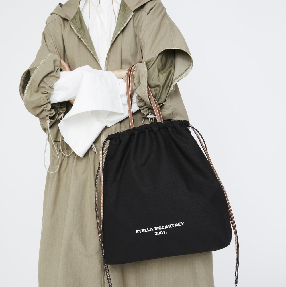 Stella McCartney Black Drawstring Tote with Brown Handles
